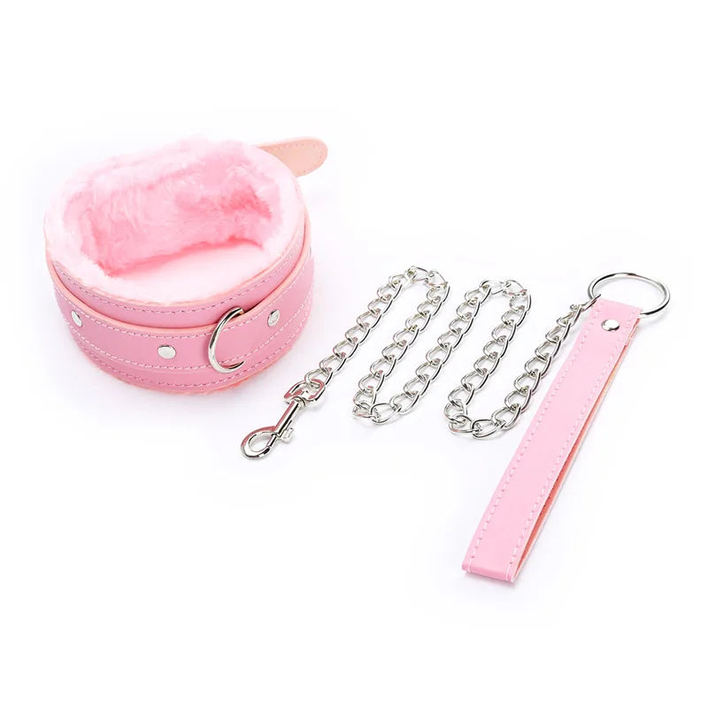 Sexy Pink Leather Chain Collar with Leash