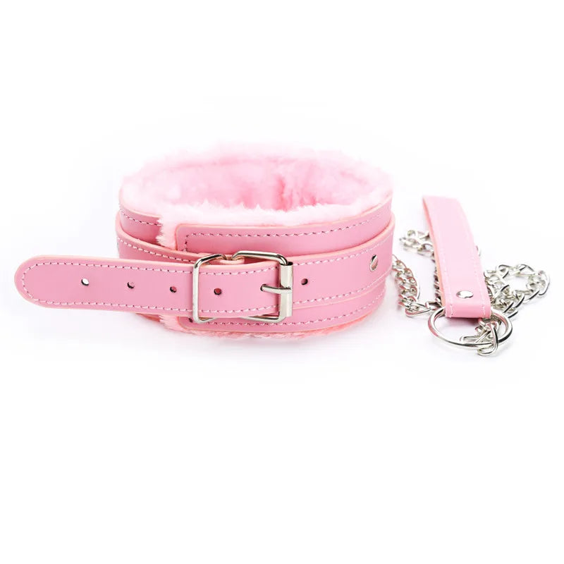 Sexy Pink Leather Chain Collar with Leash