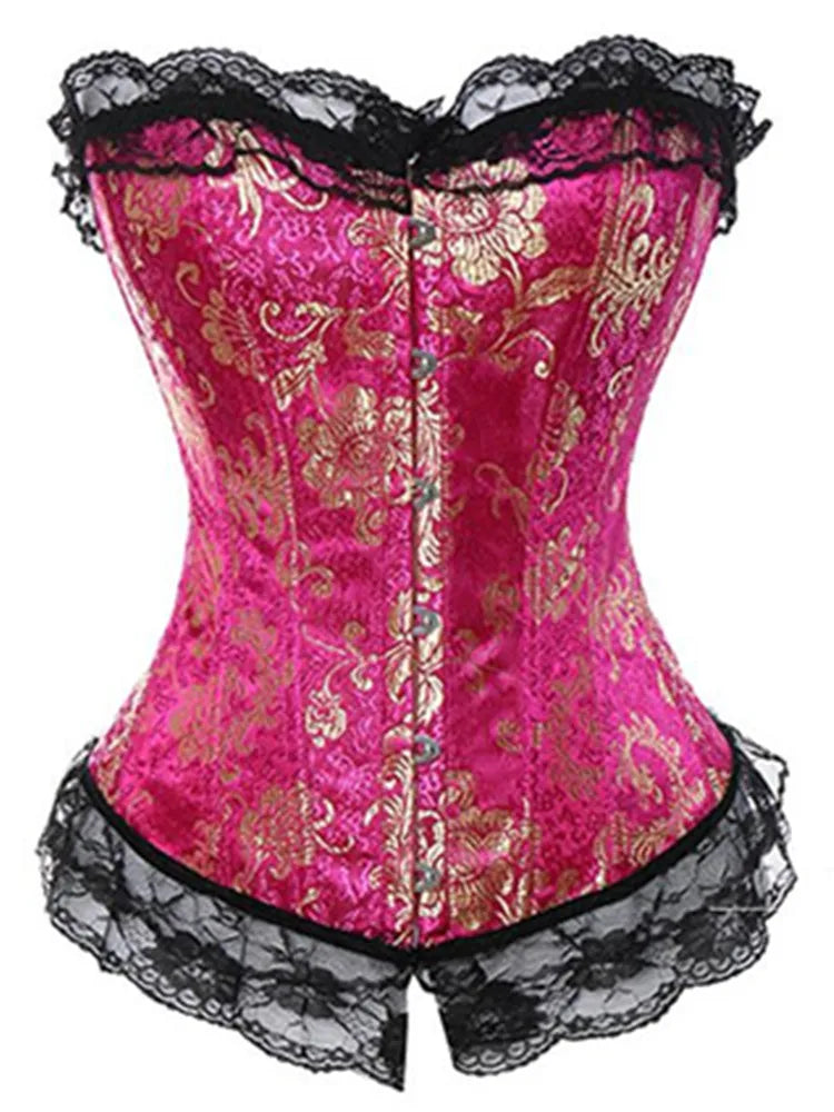 Lace Up ruffle Trim Satin Burlesque Corset