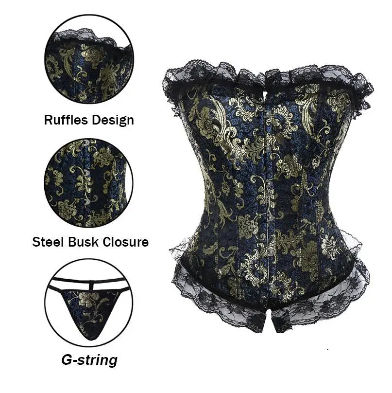Lace Up ruffle Trim Satin Burlesque Corset