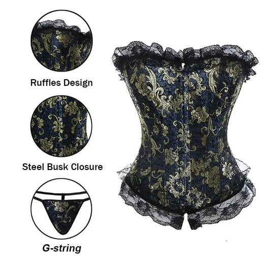 Lace Up ruffle Trim Satin Burlesque Corset