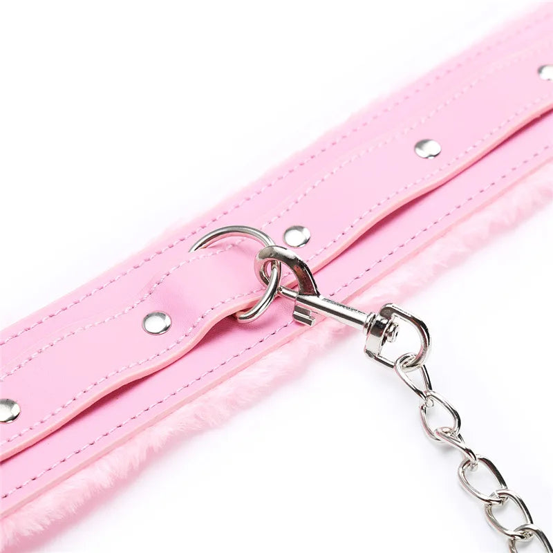 Sexy Pink Leather Chain Collar with Leash