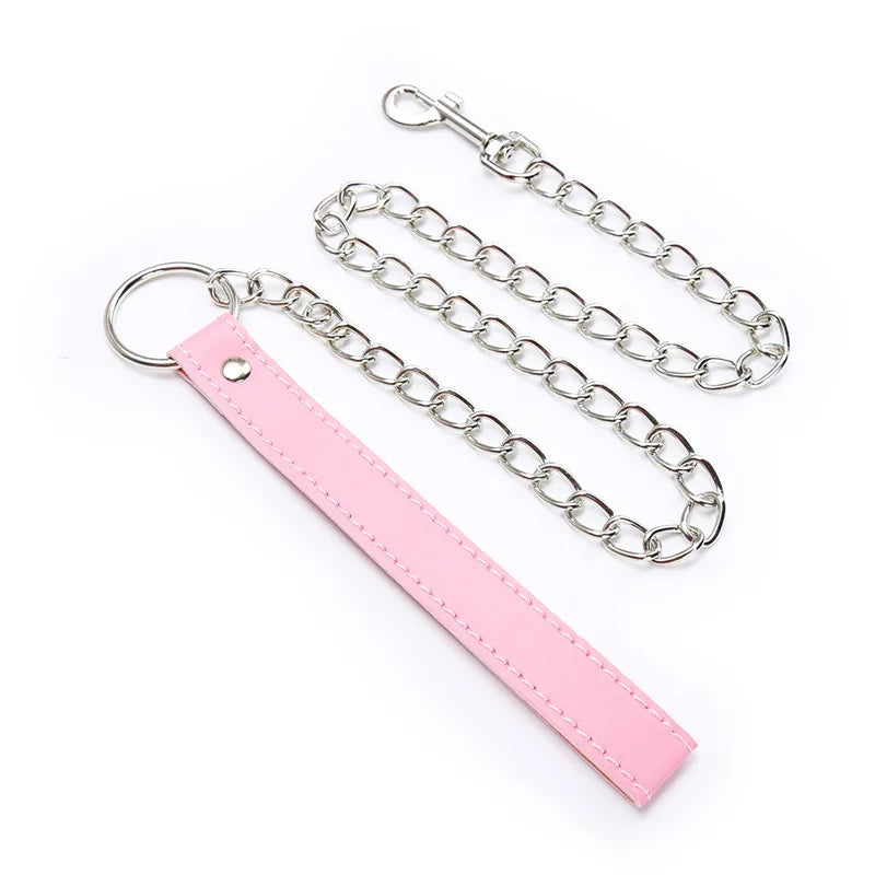 Sexy Pink Leather Chain Collar with Leash