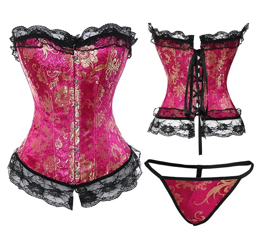 Lace Up ruffle Trim Satin Burlesque Corset