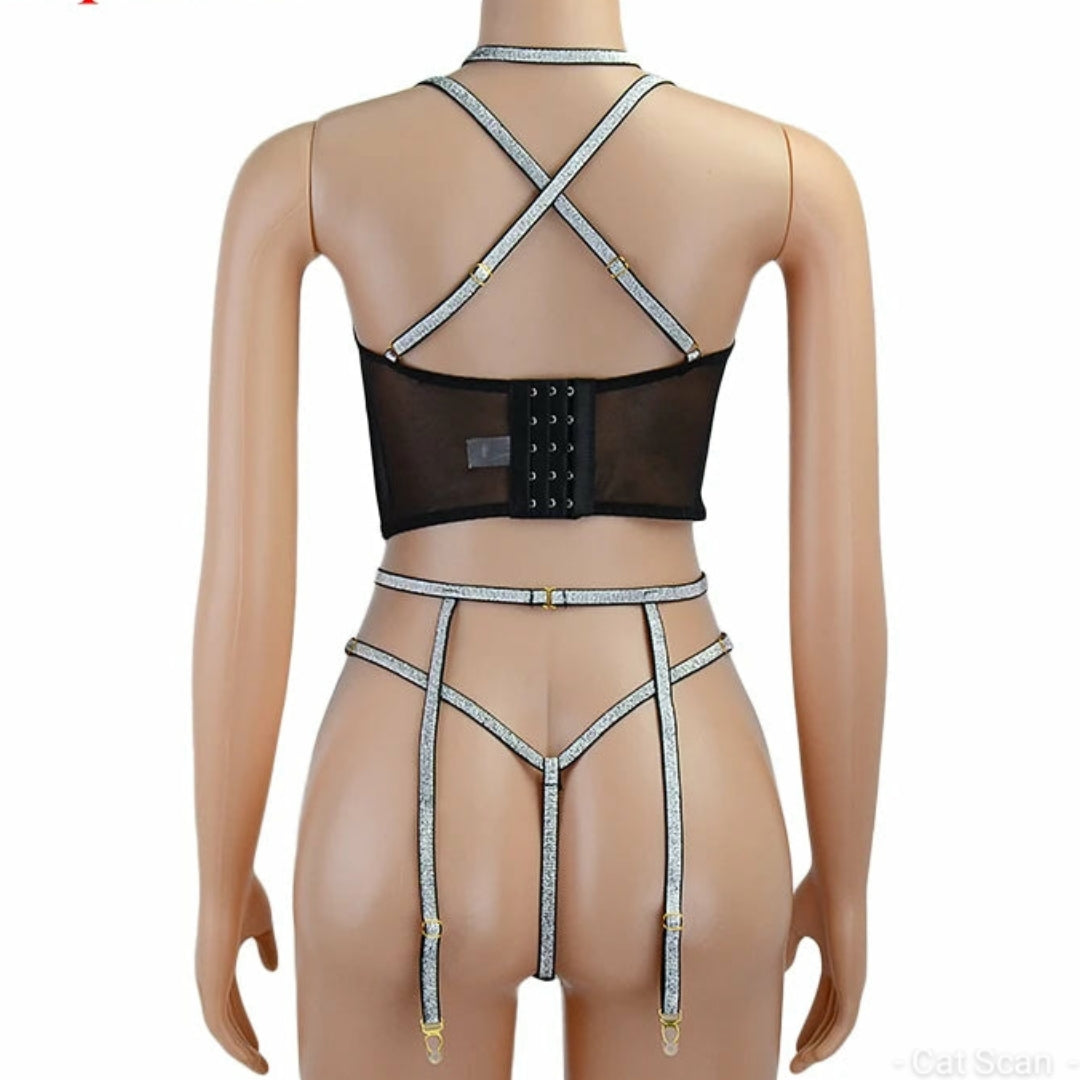 Sexy Sequins Padded Push up Bra 3pc with thong