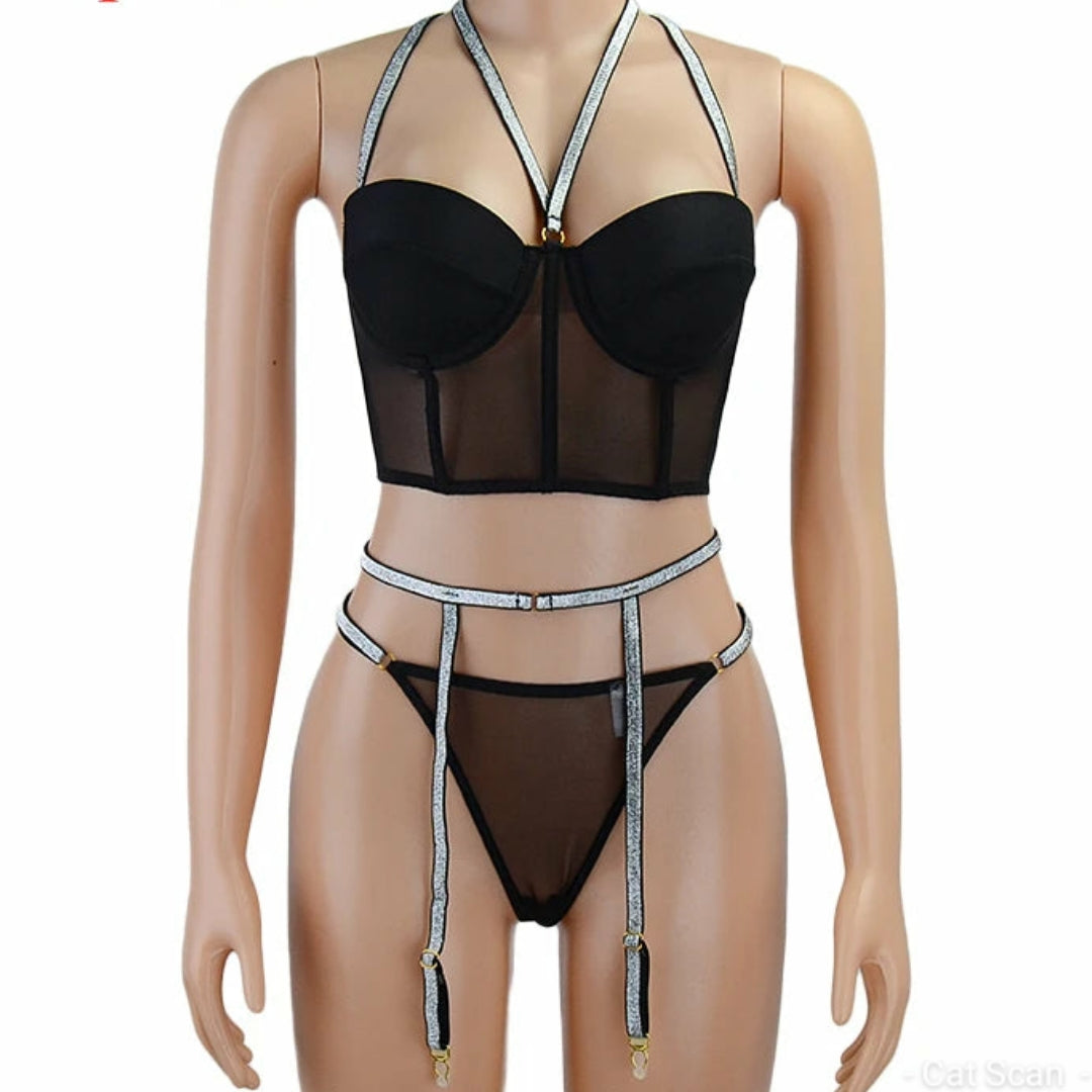 Sexy Sequins Padded Push up Bra 3pc with thong