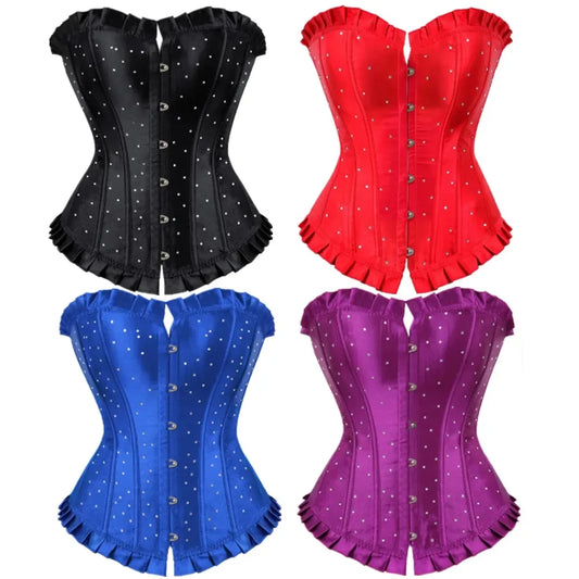 Corset top rhinestone brocade red black blue purple plus size