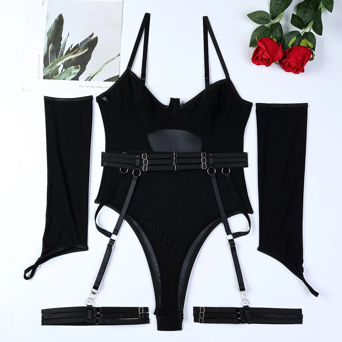 Sexy Mesh Strap Splicing Gloves And Suspender Bodysuit