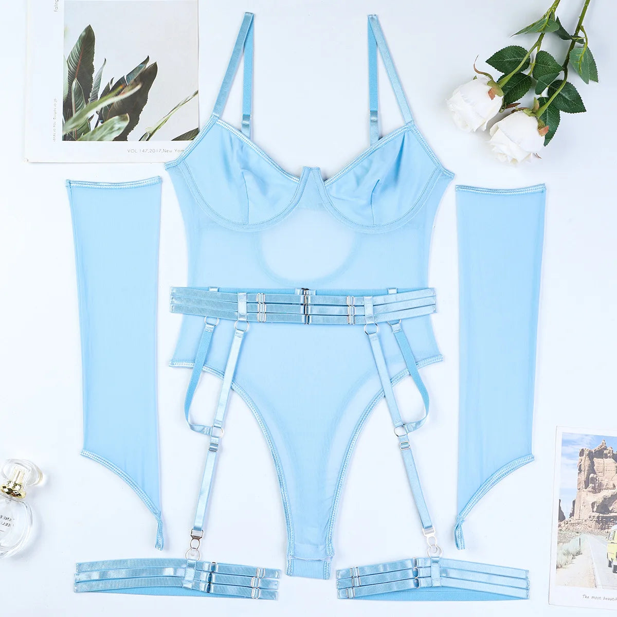 Sexy Mesh Strap Splicing Gloves And Suspender Bodysuit