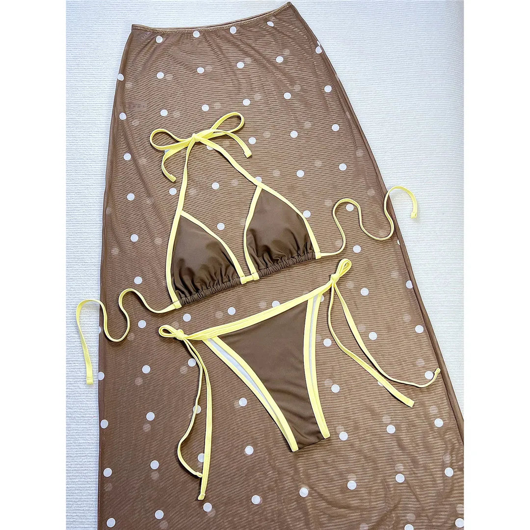 3pc Polka Dot Skirt Halter Bikini Swimwear