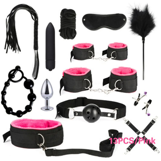 Bdsm Adult stimulation Kit handcuff nipple clamp Whip Sex Metal APlug vibrator set
