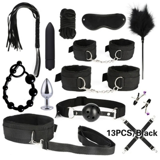 Bdsm Adult stimulation Kit handcuff nipple clamp Whip Sex Metal APlug vibrator set