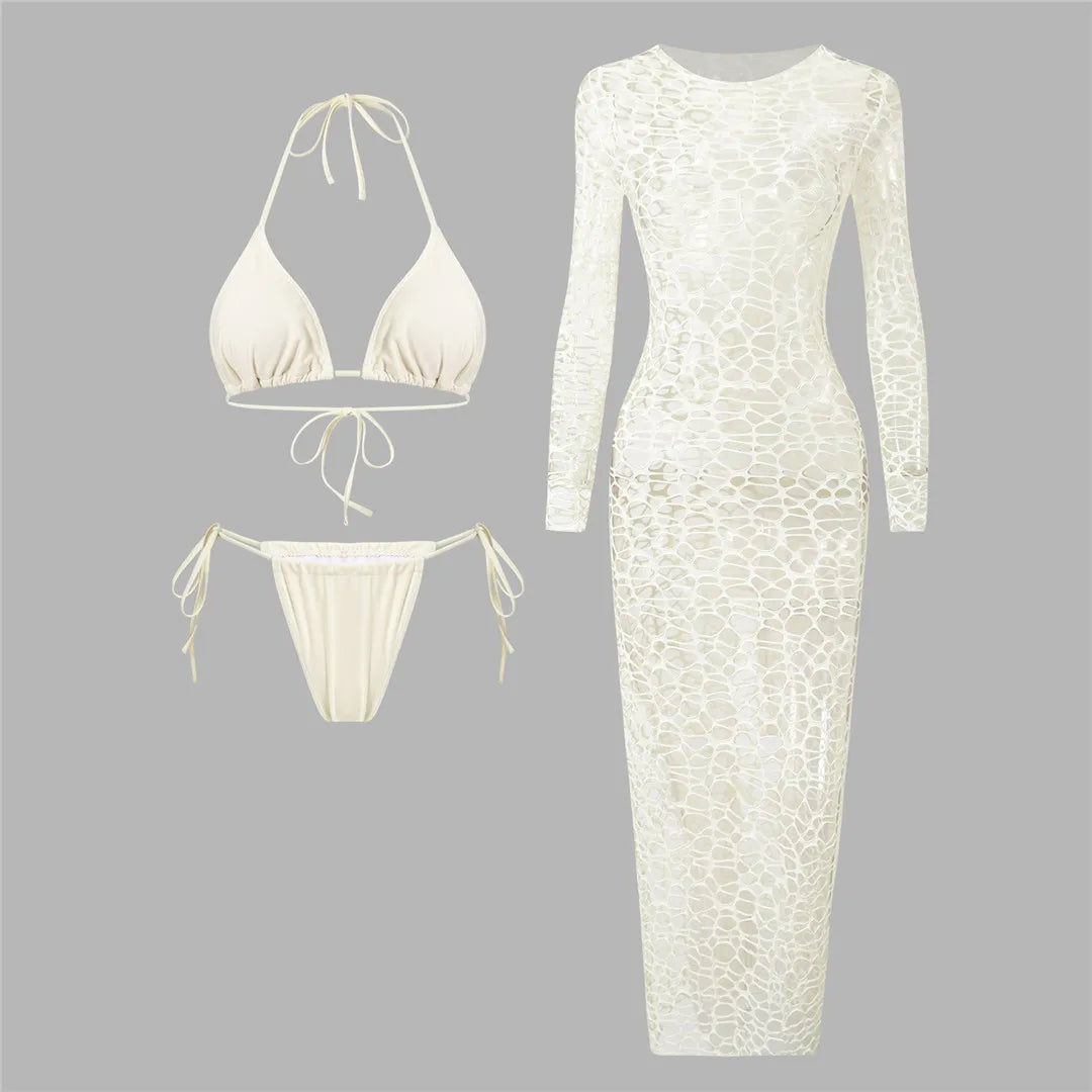 New Hollow Out Cover Up Halter Bikini Swimwear ( 3pc )