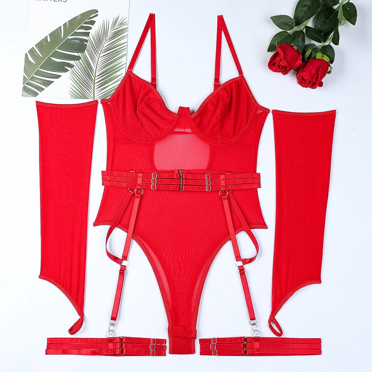Sexy Mesh Strap Splicing Gloves And Suspender Bodysuit