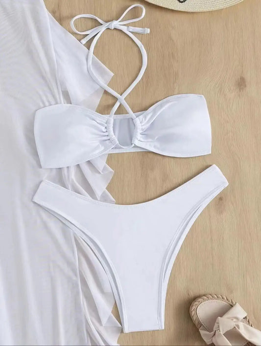 Bikini And Cover Up Set Criss Cross Halter With Ruffle Pants