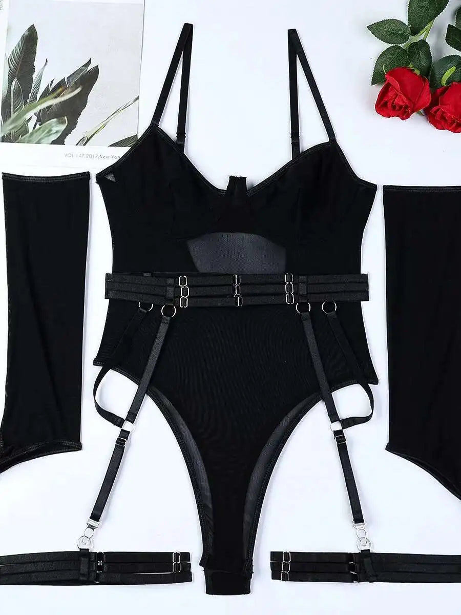 Sexy Mesh Strap Splicing Gloves And Suspender Bodysuit