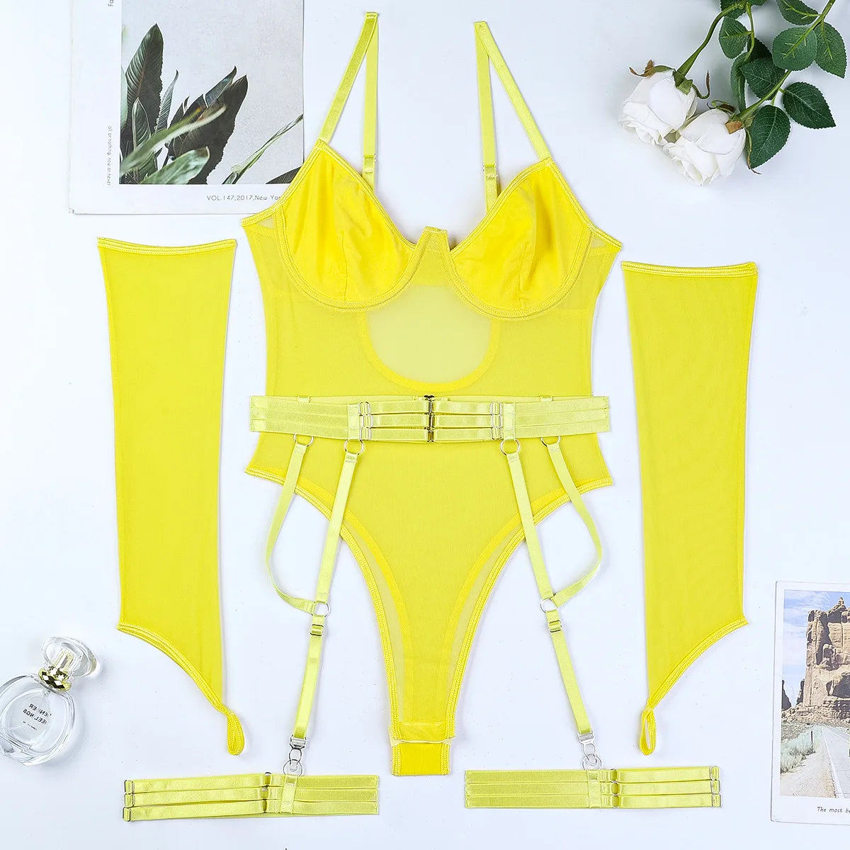 Sexy Mesh Strap Splicing Gloves And Suspender Bodysuit