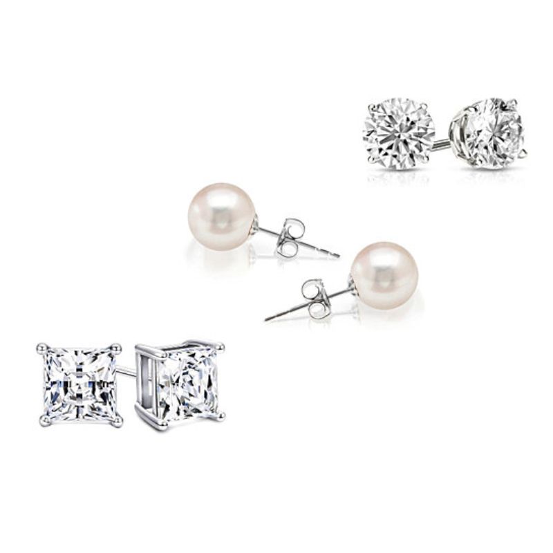 Crystal and Pearl Stud Earrings Set - 3 Pack