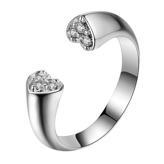 Adjustable Crystal Heart Ring Silver Plated Love Ring