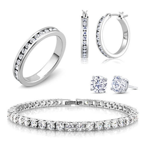 18K White Gold Plated and CZ Jewelry Set - Hoops  Studs  Tennis Bracelet  and Ring