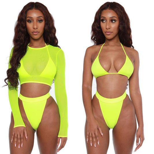 Neon Yellow Crop Top Long Sleeve Cover Ups 3pc Swimsuit