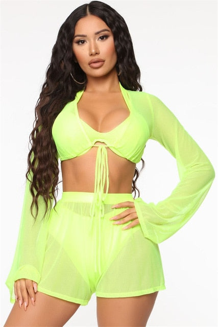 New Sexy See Thru Long Sleeve Crop Top & Shorts Cover Up