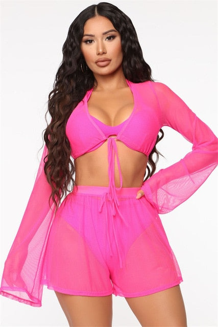 New Sexy See Thru Long Sleeve Crop Top & Shorts Cover Up