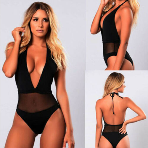 Deep V neck Sheer Backless Bikini Swimsuit
