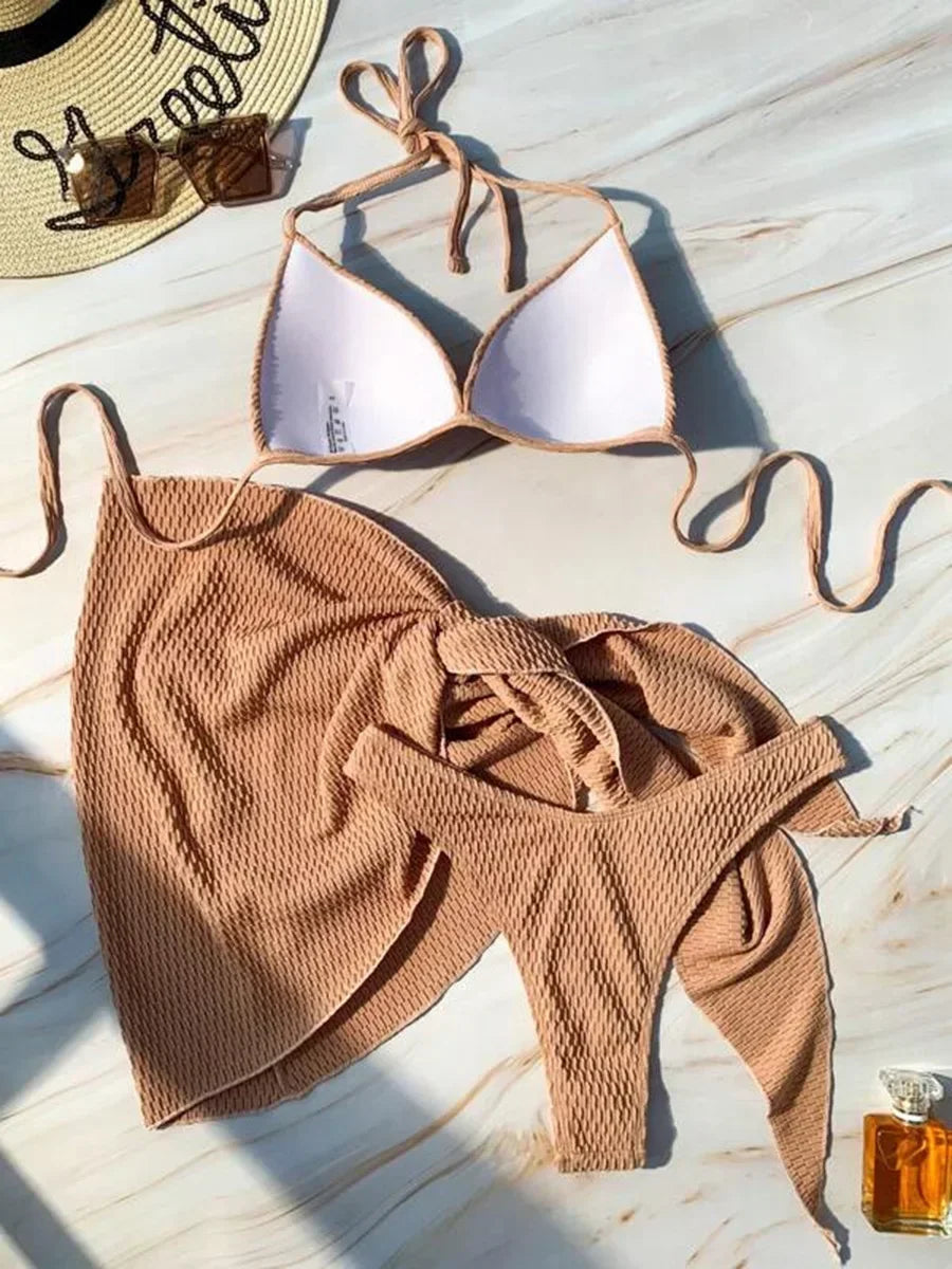 3-pc Bikini Set w/Skirt Wrinkled
