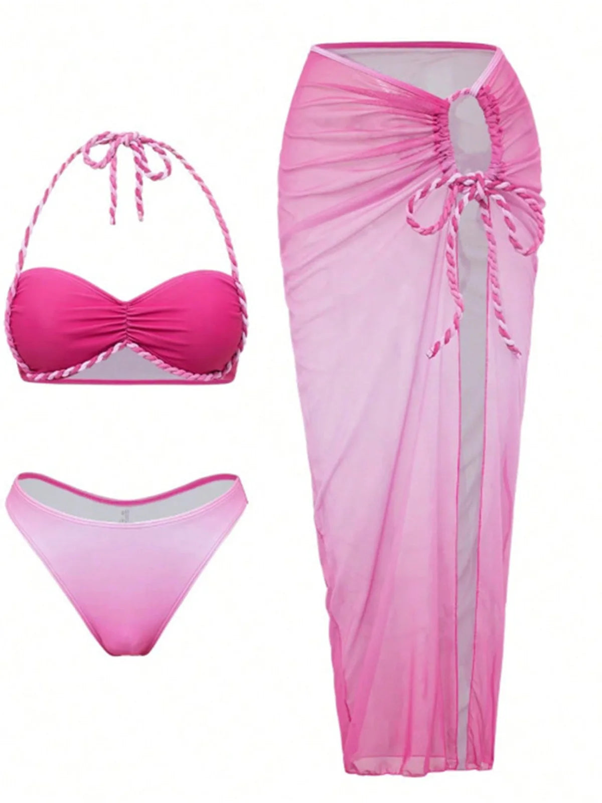 3pc Ultra Sexy Hot Pink Swimwear w/ Wrinkled coverup Skirt