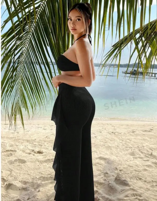 Bikini And Cover Up Set Criss Cross Halter With Ruffle Pants