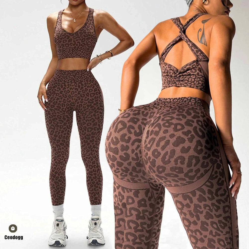 2PCS Leopard Yoga Scrunch High Waist Legging