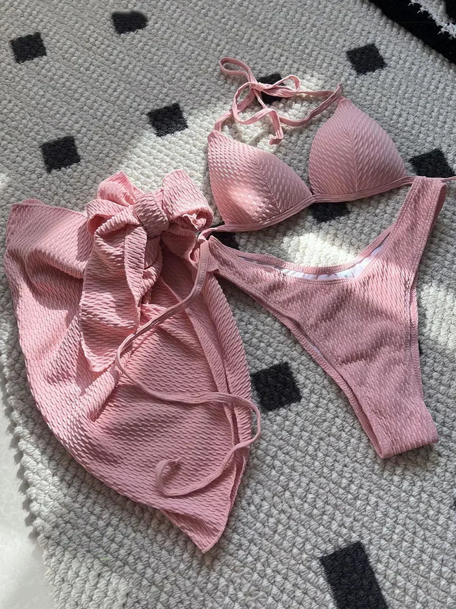 3-pc Bikini Set w/Skirt Wrinkled