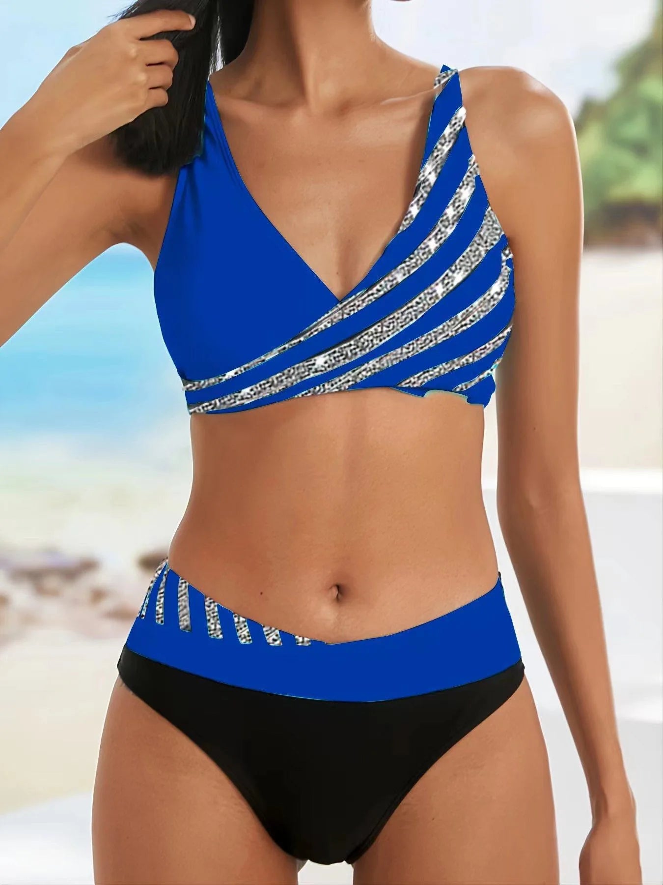 2026 New V Neck Stripe Print Bikini Swimsuit