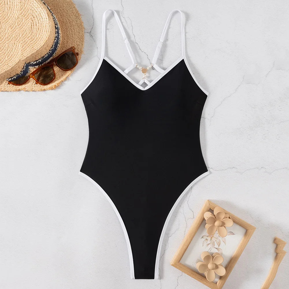 1pc Black Cross String Pearl Backless Monokini 2026