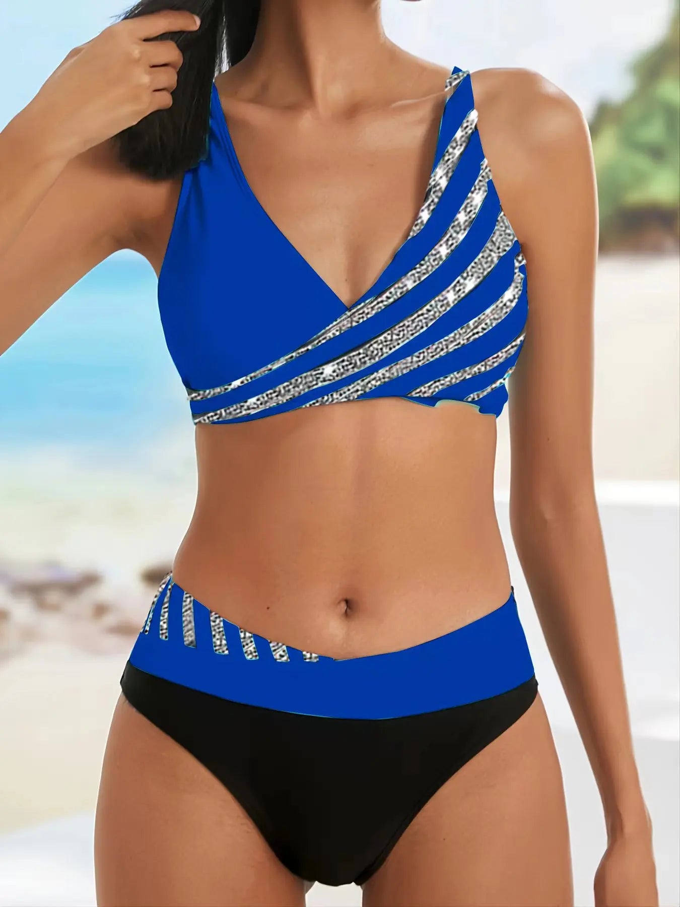 2026 New V Neck Stripe Print Bikini Swimsuit