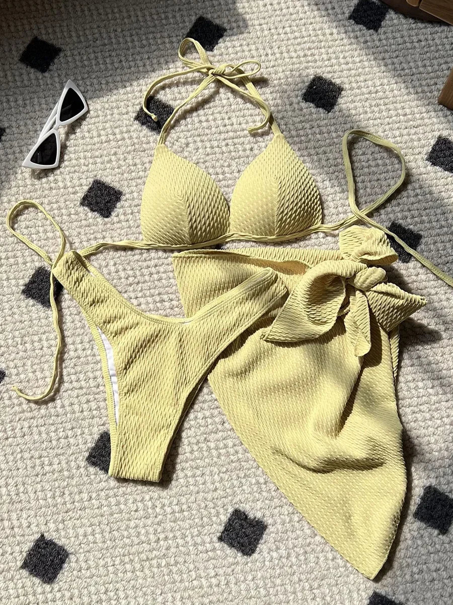 3-pc Bikini Set w/Skirt Wrinkled