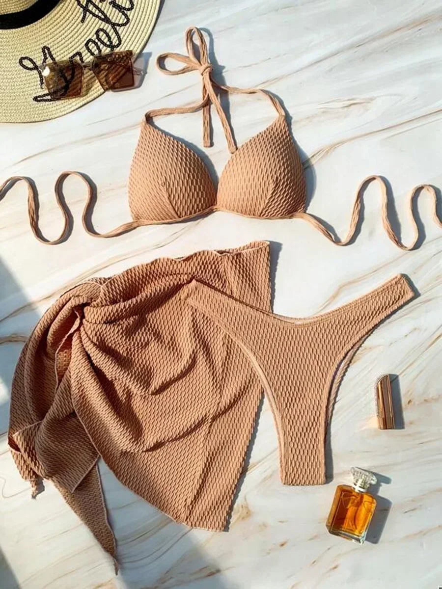 3-pc Bikini Set w/Skirt Wrinkled