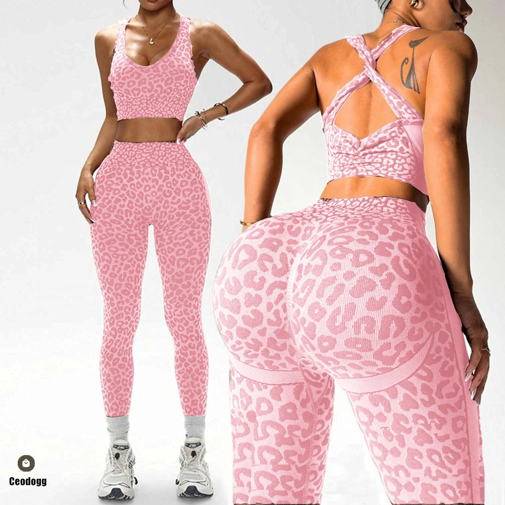 2PCS Leopard Yoga Scrunch High Waist Legging