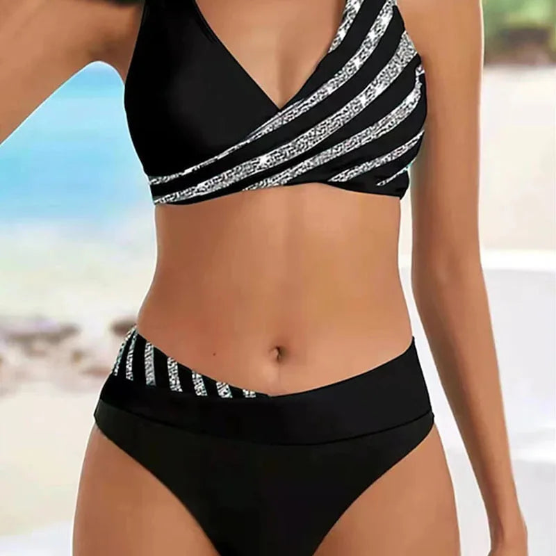 2026 New V Neck Stripe Print Bikini Swimsuit