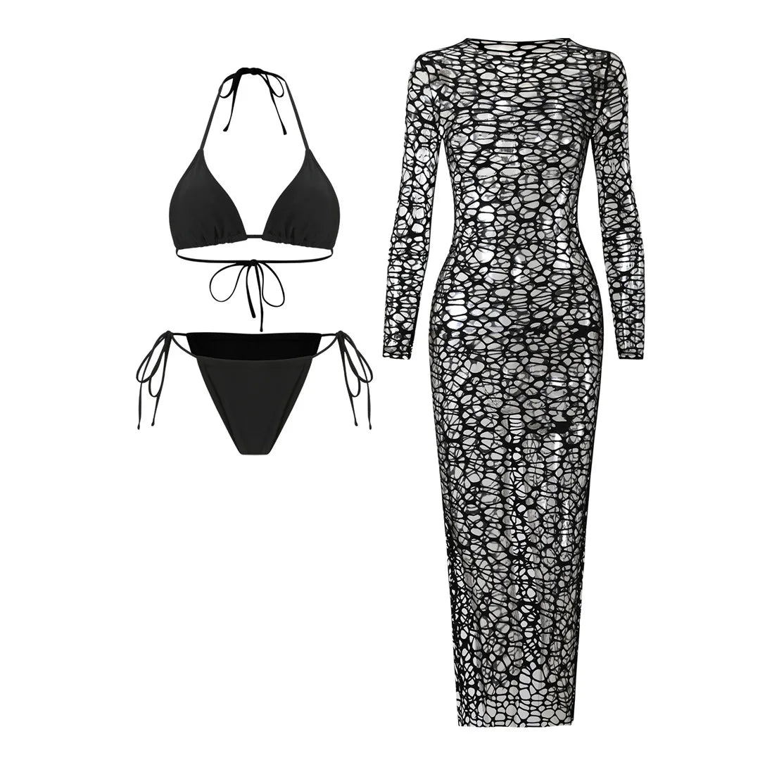 New Hollow Out Cover Up Halter Bikini Swimwear ( 3pc )