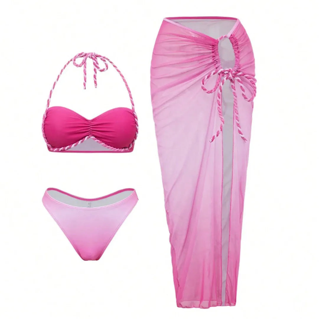 3pc Ultra Sexy Hot Pink Swimwear w/ Wrinkled coverup Skirt