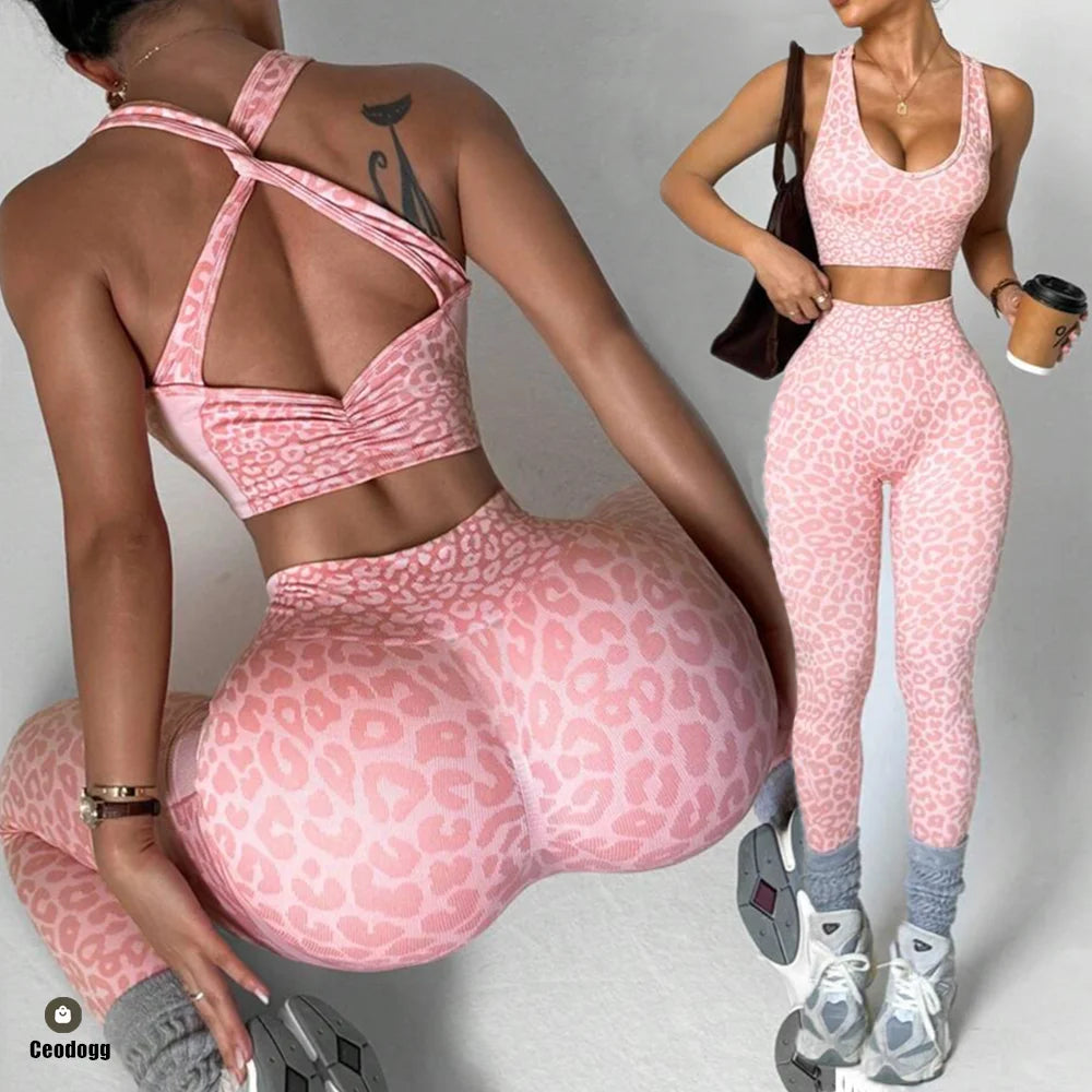 2PCS Leopard Yoga Scrunch High Waist Legging