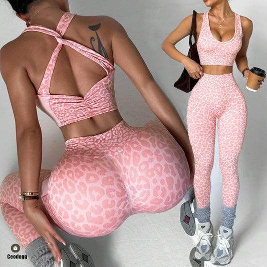 2PCS Leopard Yoga Scrunch High Waist Legging
