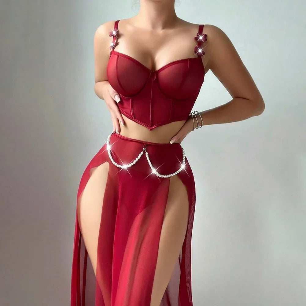 Ultra Sexy 3pcs Sheer Long Skirt W/ Chains Slit Skirt Lingerie