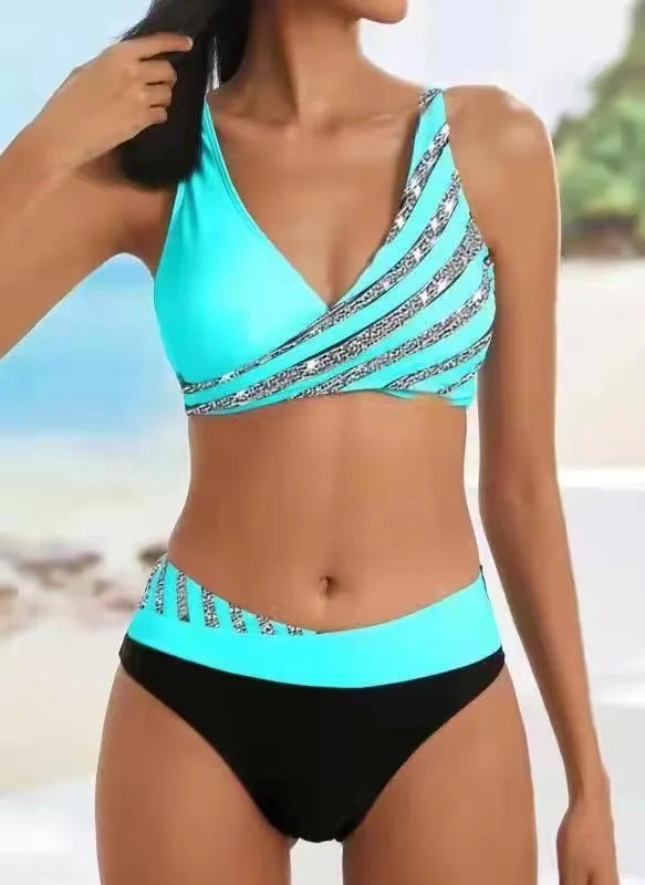 2026 New V Neck Stripe Print Bikini Swimsuit