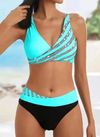 2026 New V Neck Stripe Print Bikini Swimsuit
