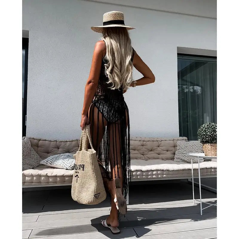 Sexy embroidered Hollow out Long Tassel Cover Up