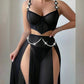 Ultra Sexy 3pcs Sheer Long Skirt W/ Chains Slit Skirt Lingerie