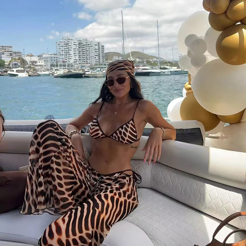 3 Pc Micro Print Bikini Swimwear with Cover Up